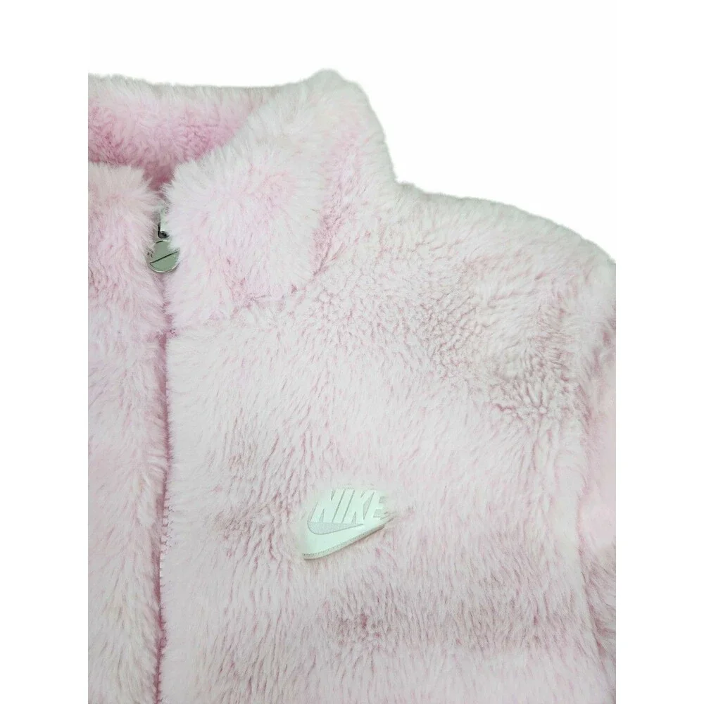 Nike Girls Faux Fur Fuzzy Swoosh Bomber Jacket Pink Size 5-6 Medium